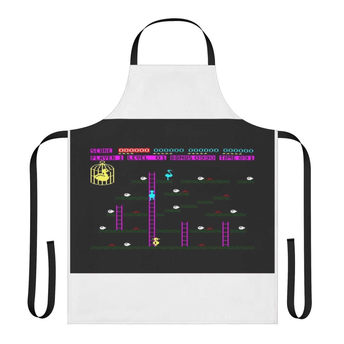 Vintage-style apron featuring the classic Amstrad CPC game Chuckie Egg