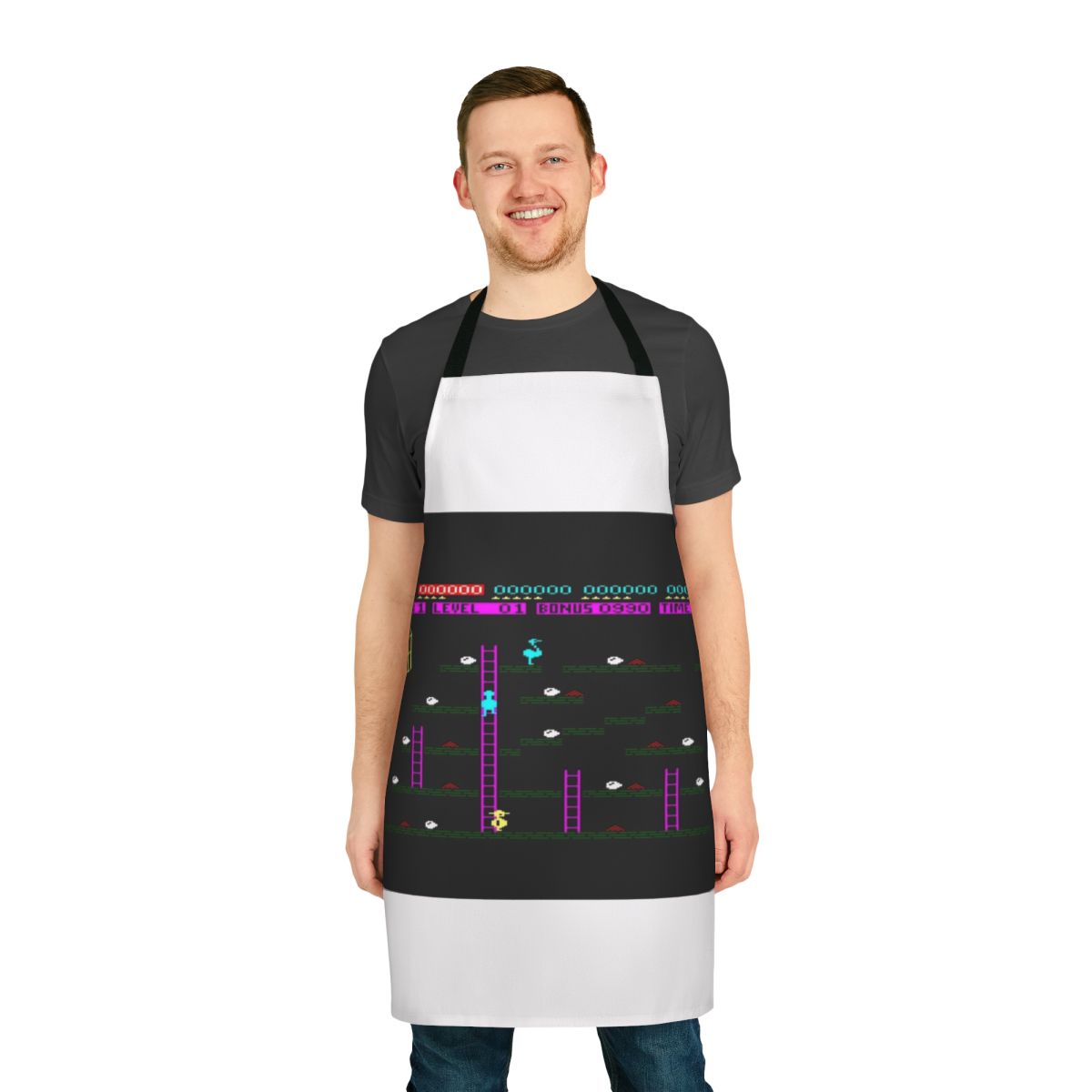 Vintage-style apron featuring the classic Amstrad CPC game Chuckie Egg