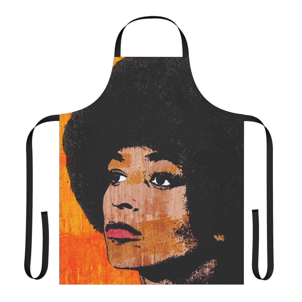 A colorful kitchen apron featuring a retro-style portrait of activist Angela Davis