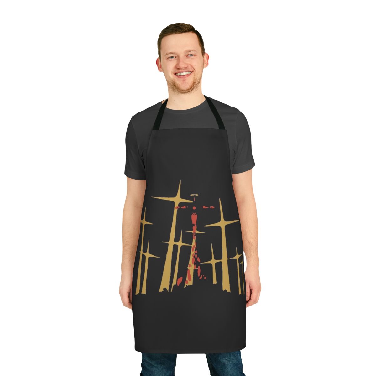 Retro anime-inspired apron featuring Neon Genesis Evangelion characters and mecha design