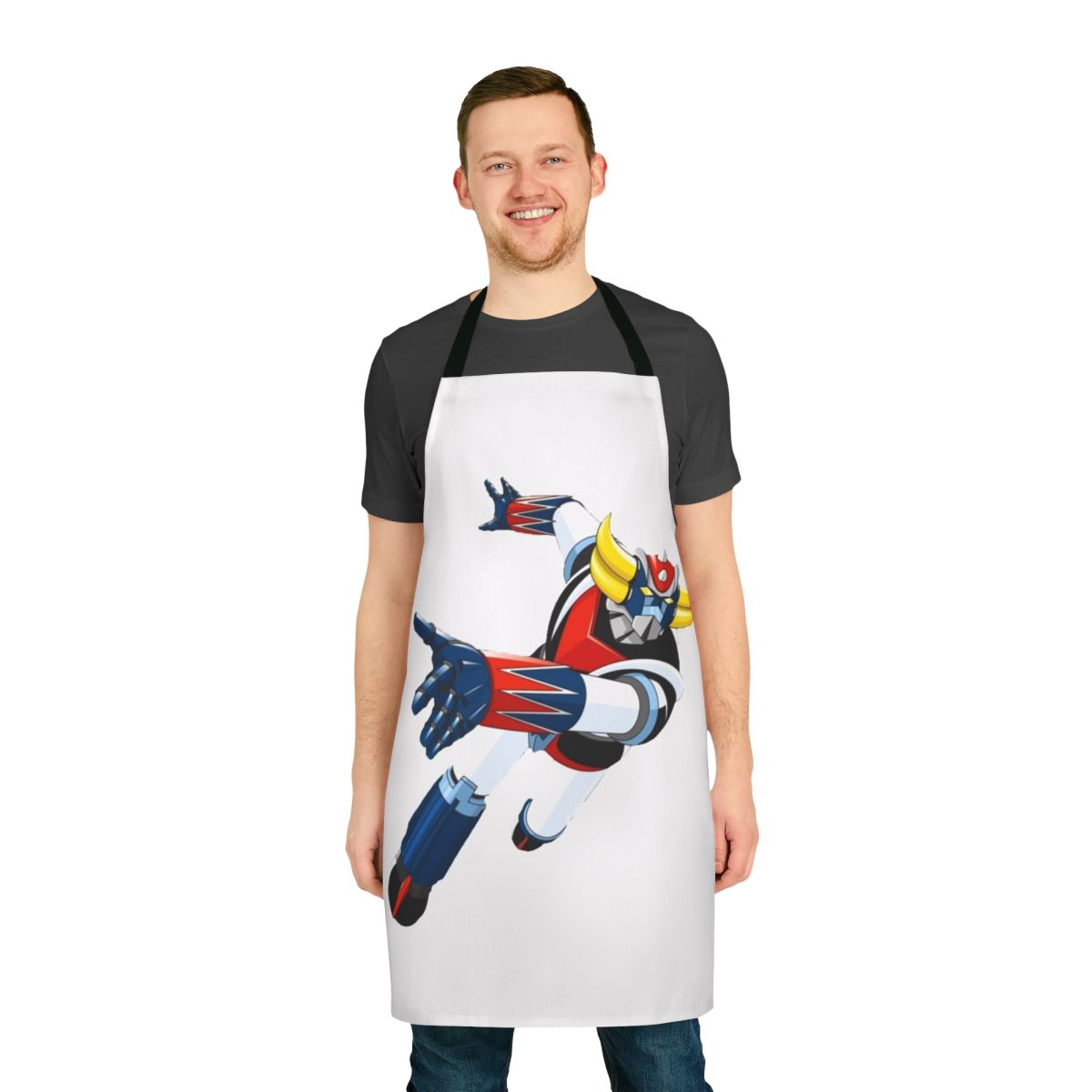 Retro anime inspired apron featuring vintage manga and mecha style robot graphics