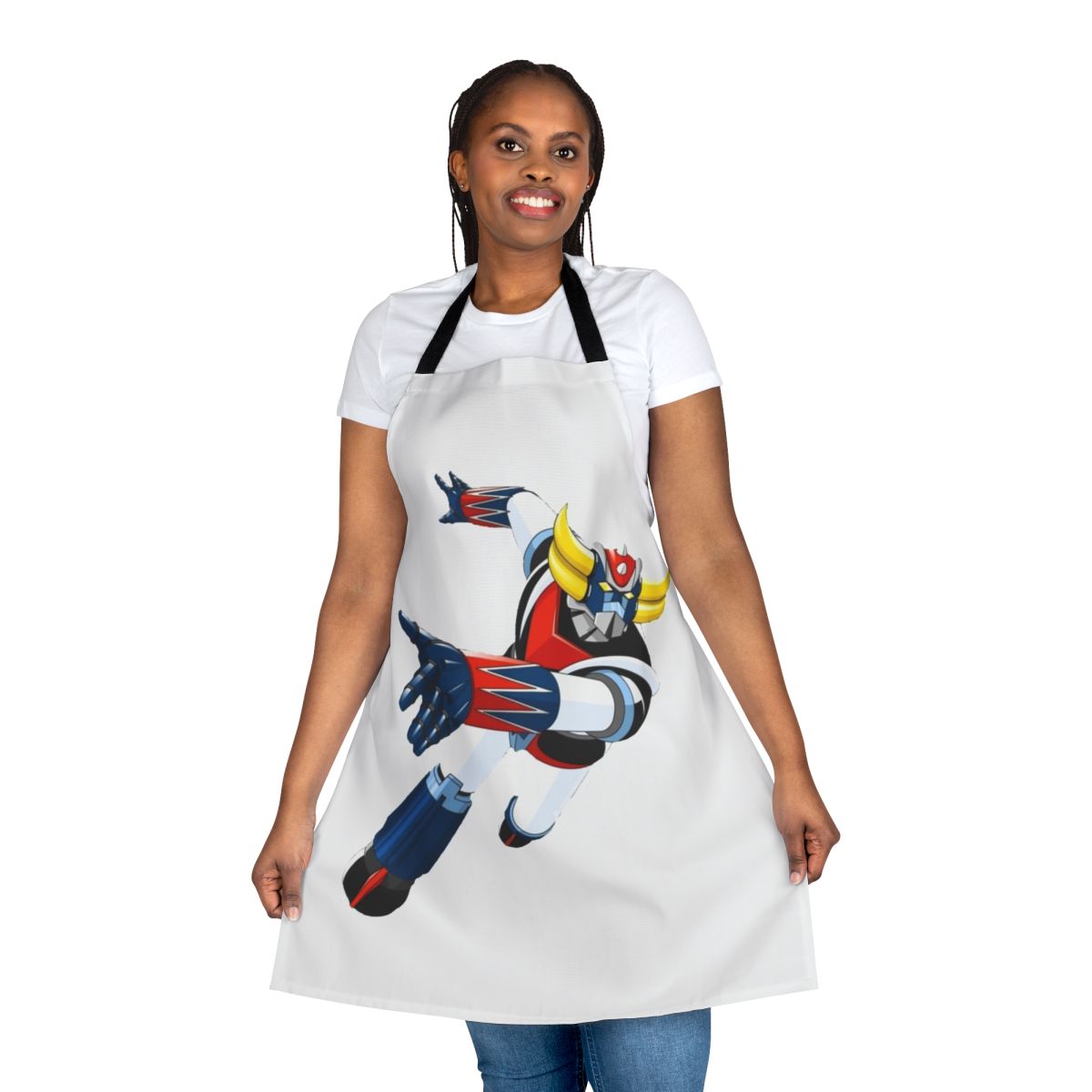 Retro anime inspired apron featuring vintage manga and mecha style robot graphics