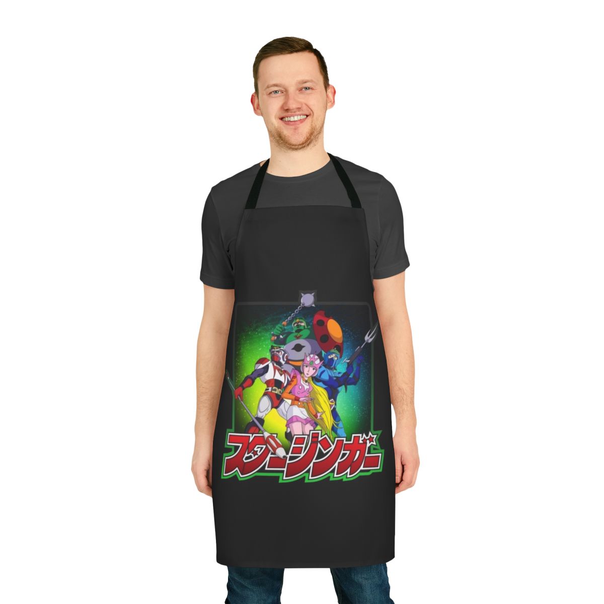 Retro-style apron featuring characters from the classic 80s anime series
