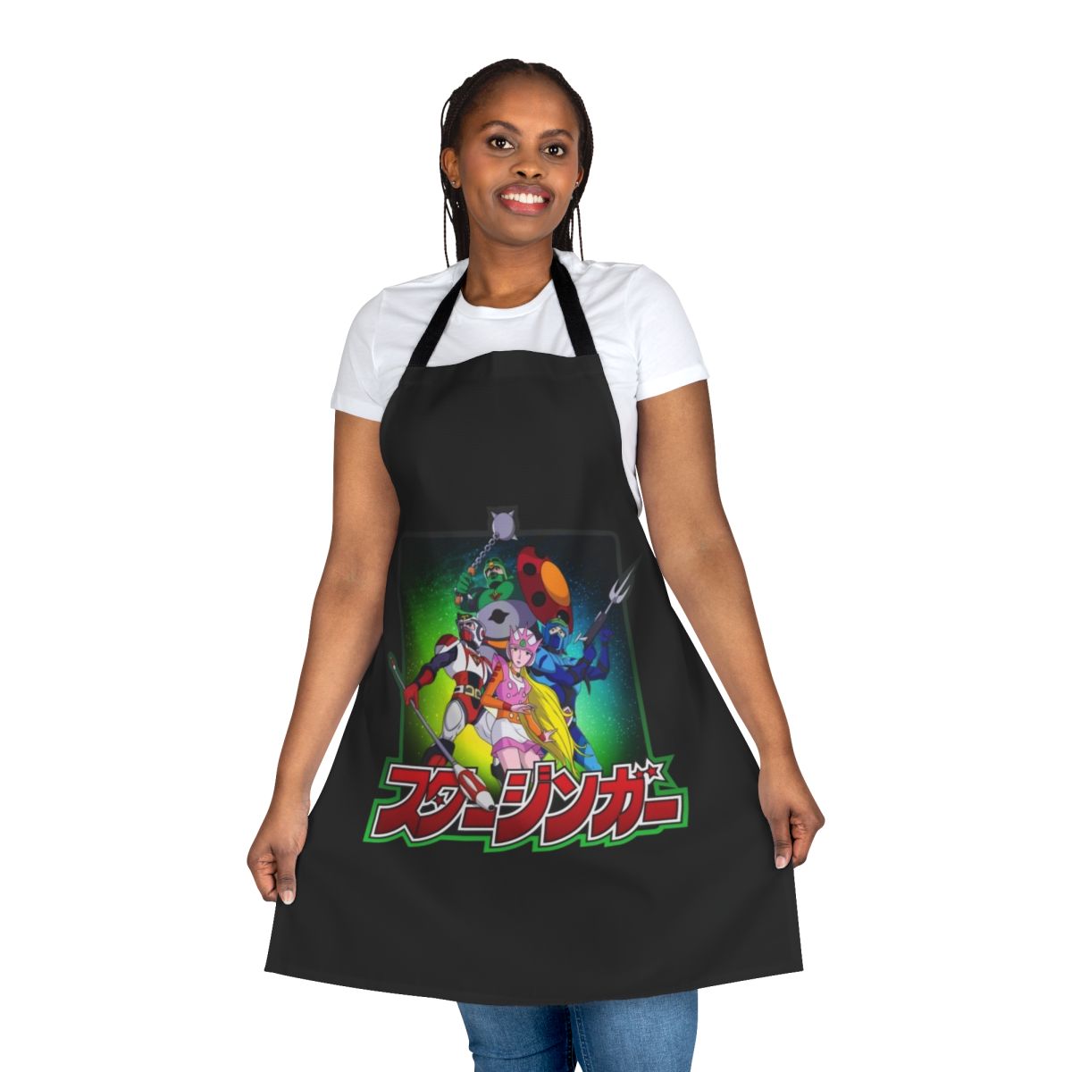 Retro-style apron featuring characters from the classic 80s anime series