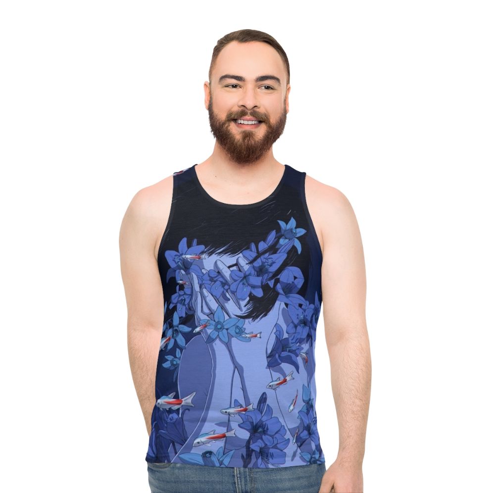 Retro anime-inspired unisex blue tank top