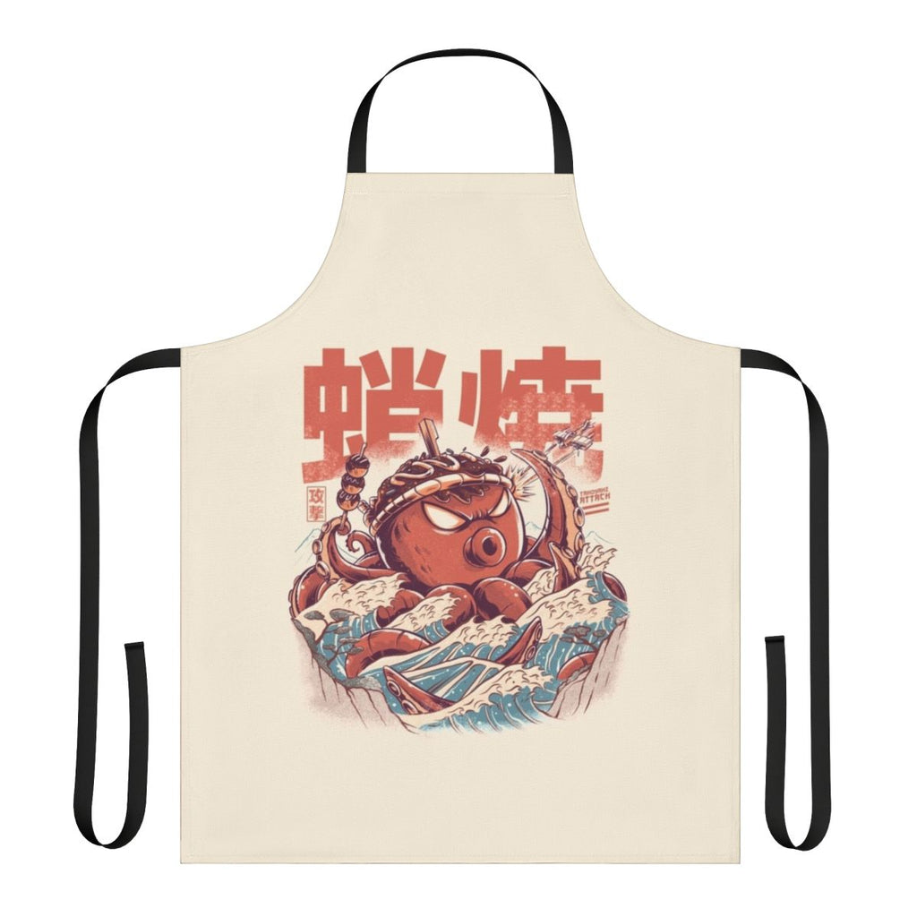Retro anime-style illustration of takoyaki balls and a kaiju on an apron