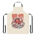 Retro anime-style illustration of takoyaki balls and a kaiju on an apron