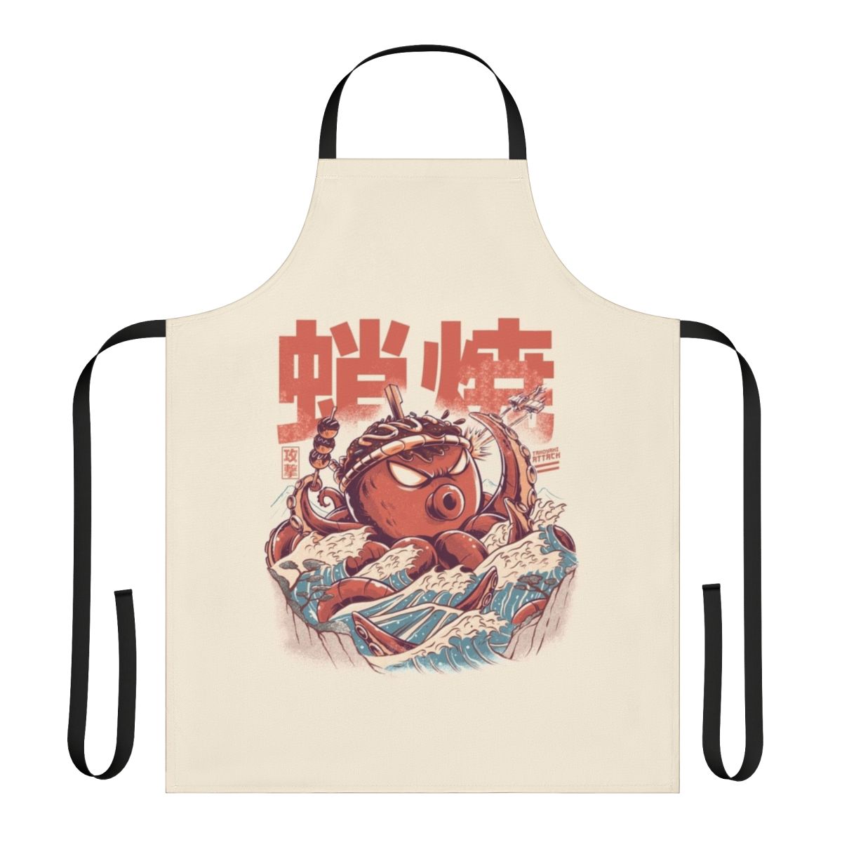 Retro anime-style illustration of takoyaki balls and a kaiju on an apron