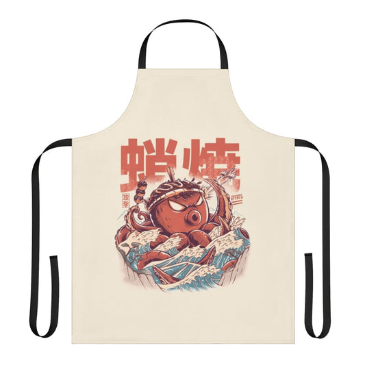 Retro anime-style illustration of takoyaki balls and a kaiju on an apron