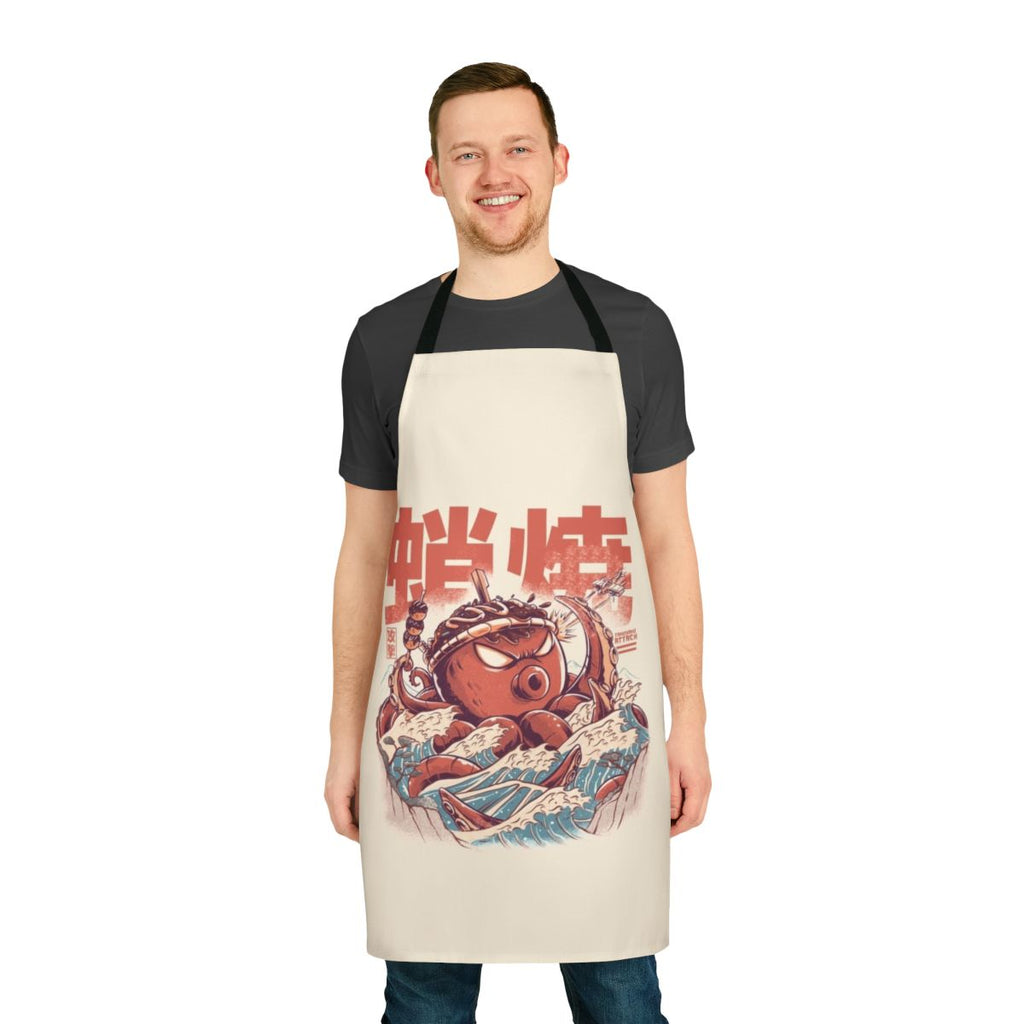 Retro anime-style illustration of takoyaki balls and a kaiju on an apron