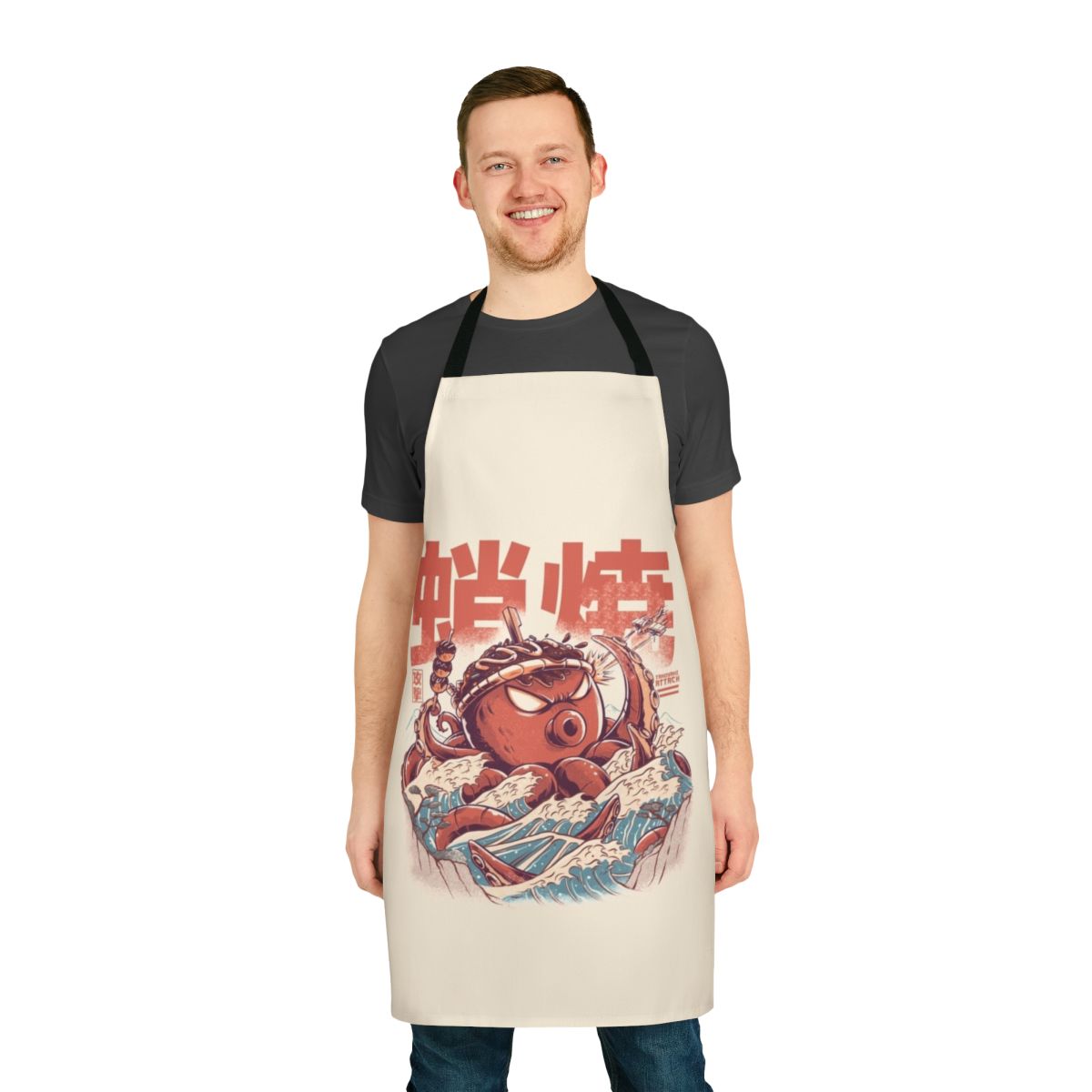 Retro anime-style illustration of takoyaki balls and a kaiju on an apron