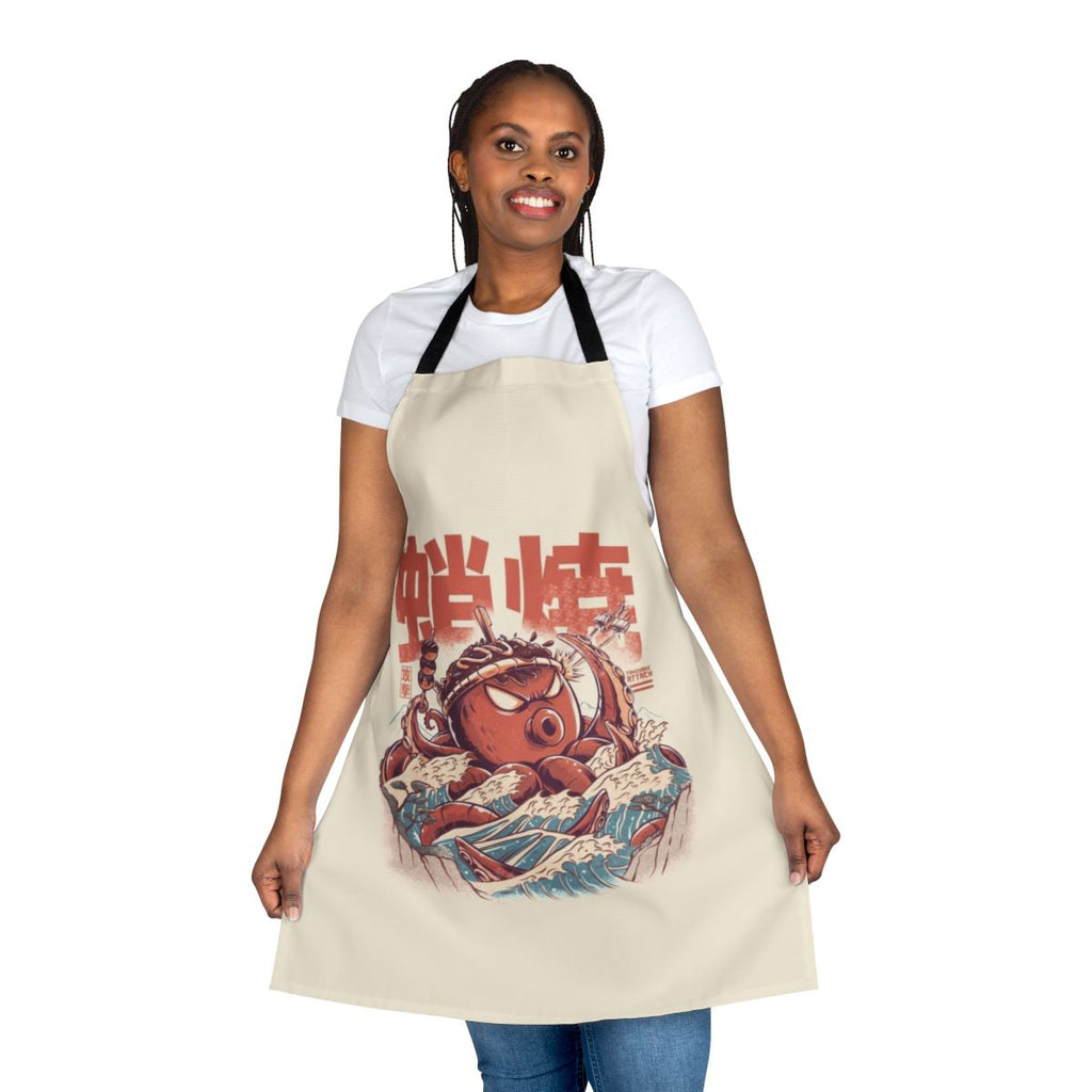 Retro anime-style illustration of takoyaki balls and a kaiju on an apron