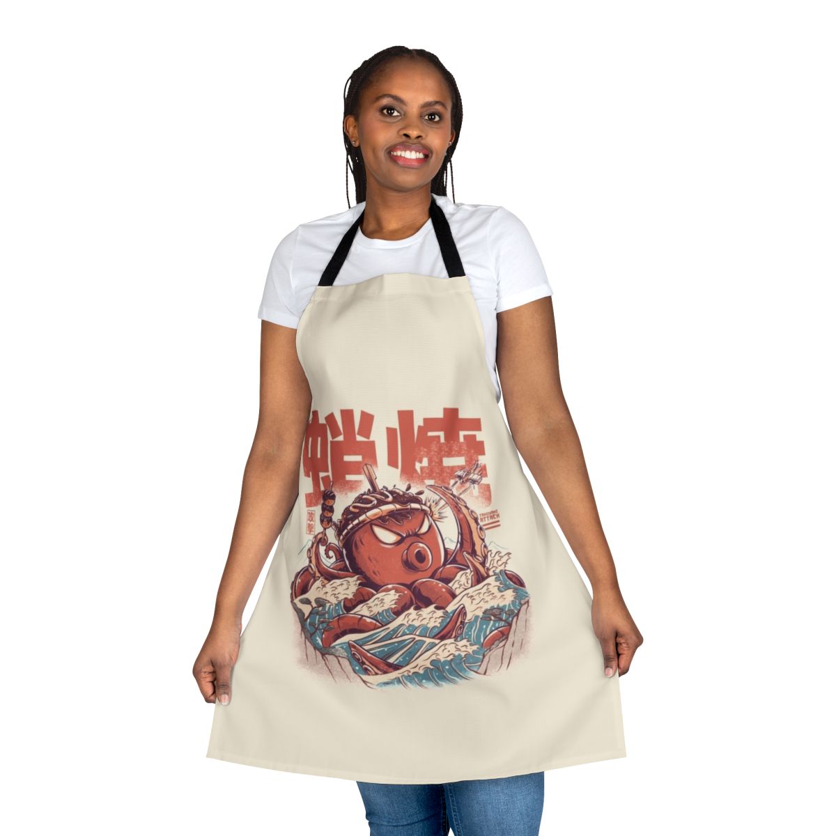 Retro anime-style illustration of takoyaki balls and a kaiju on an apron
