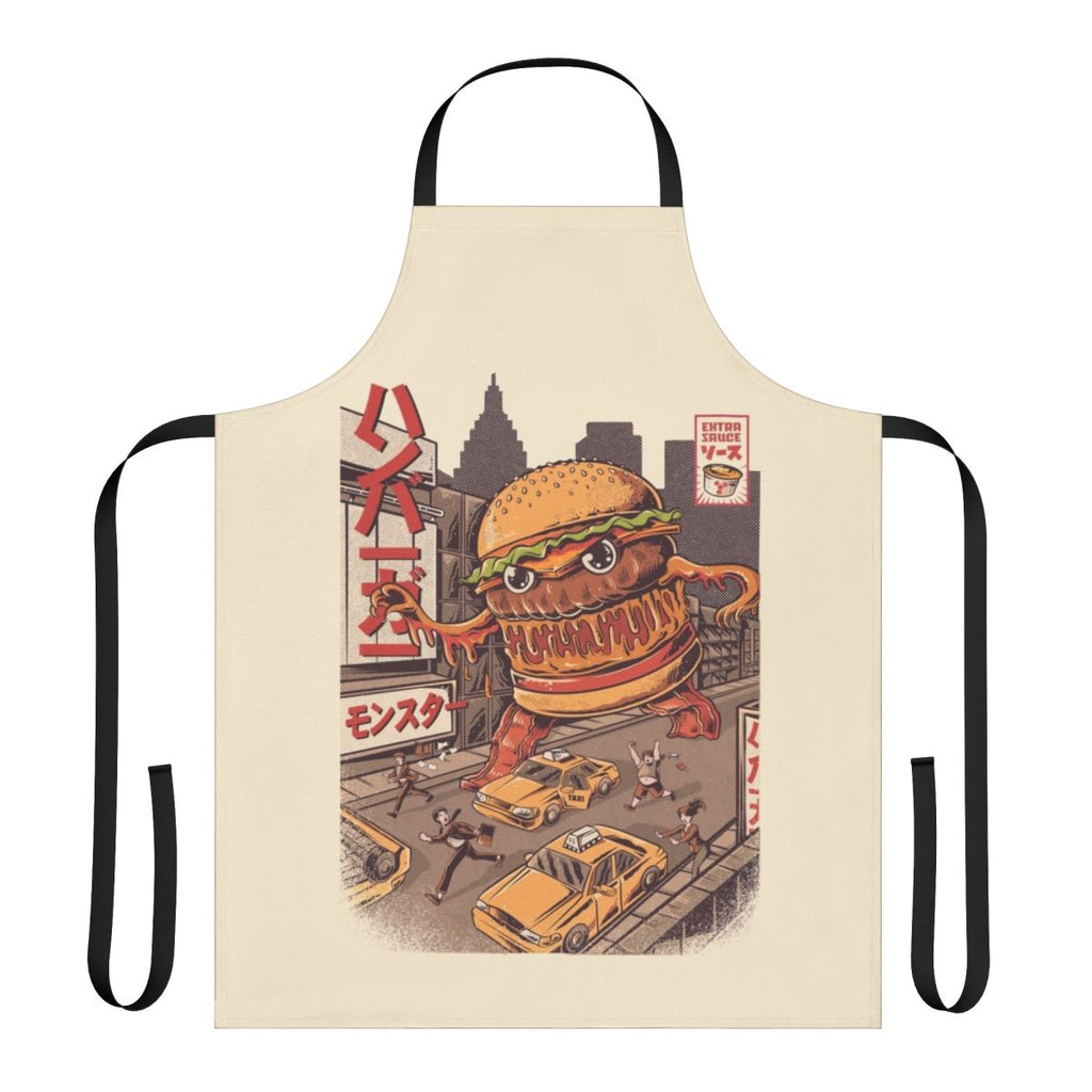 Retro anime-inspired apron featuring a giant burger monster, or "Burgerzilla"