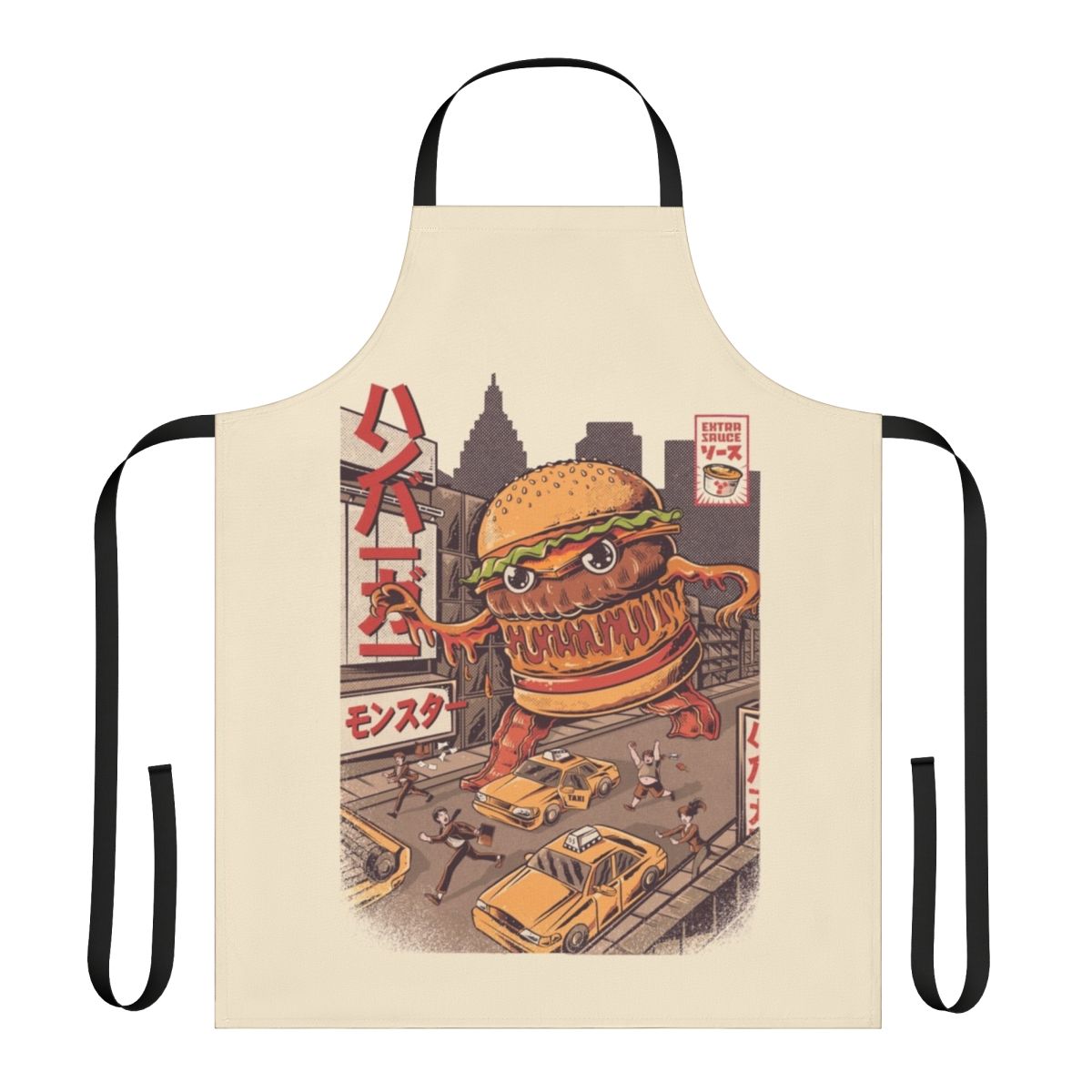 Retro anime-inspired apron featuring a giant burger monster, or "Burgerzilla"