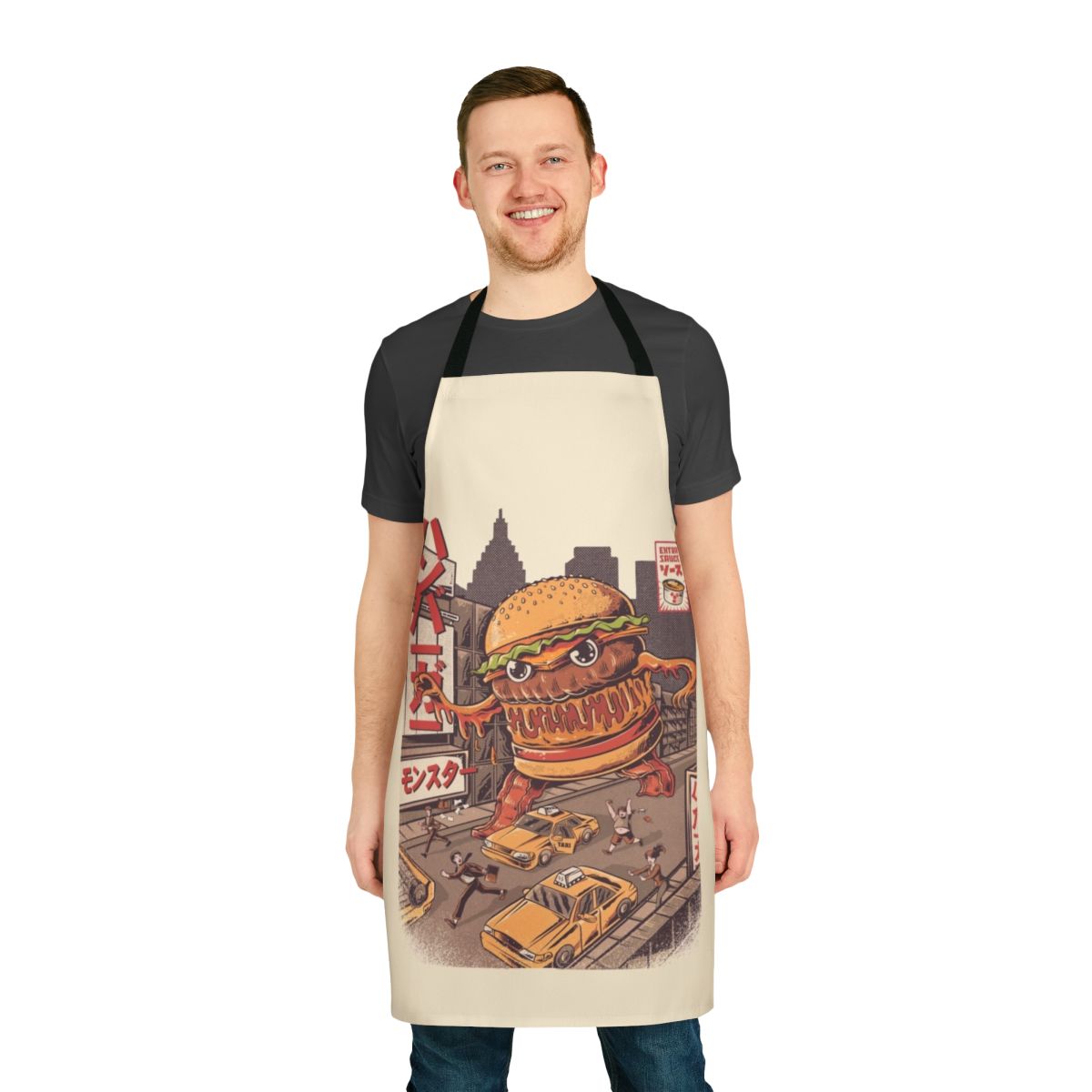 Retro anime-inspired apron featuring a giant burger monster, or "Burgerzilla"