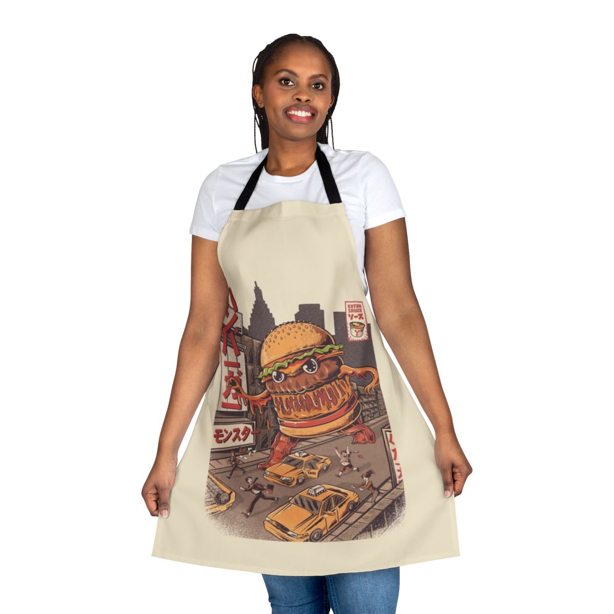 Retro anime-inspired apron featuring a giant burger monster, or "Burgerzilla"