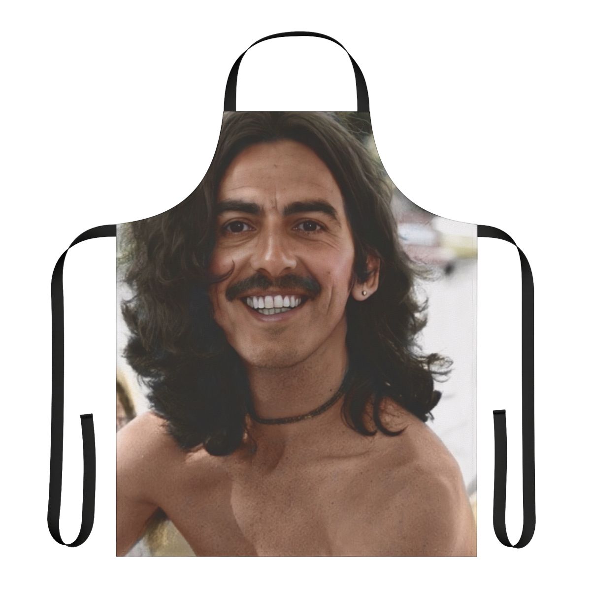 Retro apron with a colorized image of George Harrison, member of the iconic 1960s band The Beatles