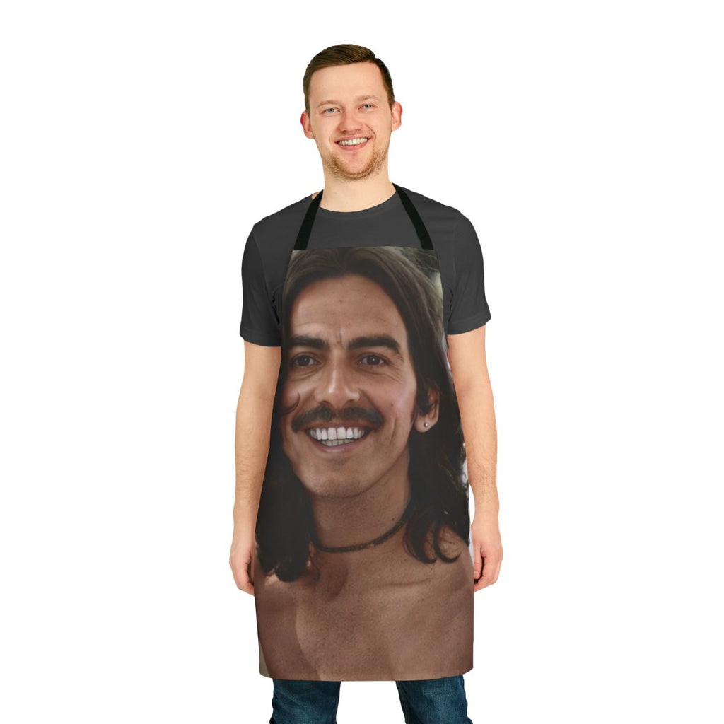 Retro apron with a colorized image of George Harrison, member of the iconic 1960s band The Beatles