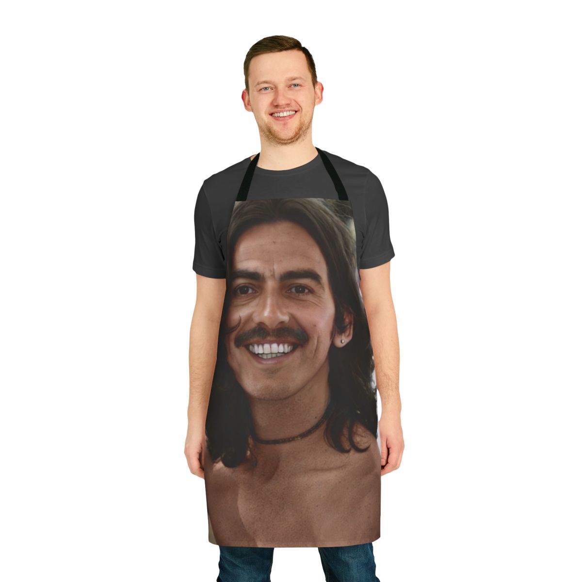 Retro apron with a colorized image of George Harrison, member of the iconic 1960s band The Beatles
