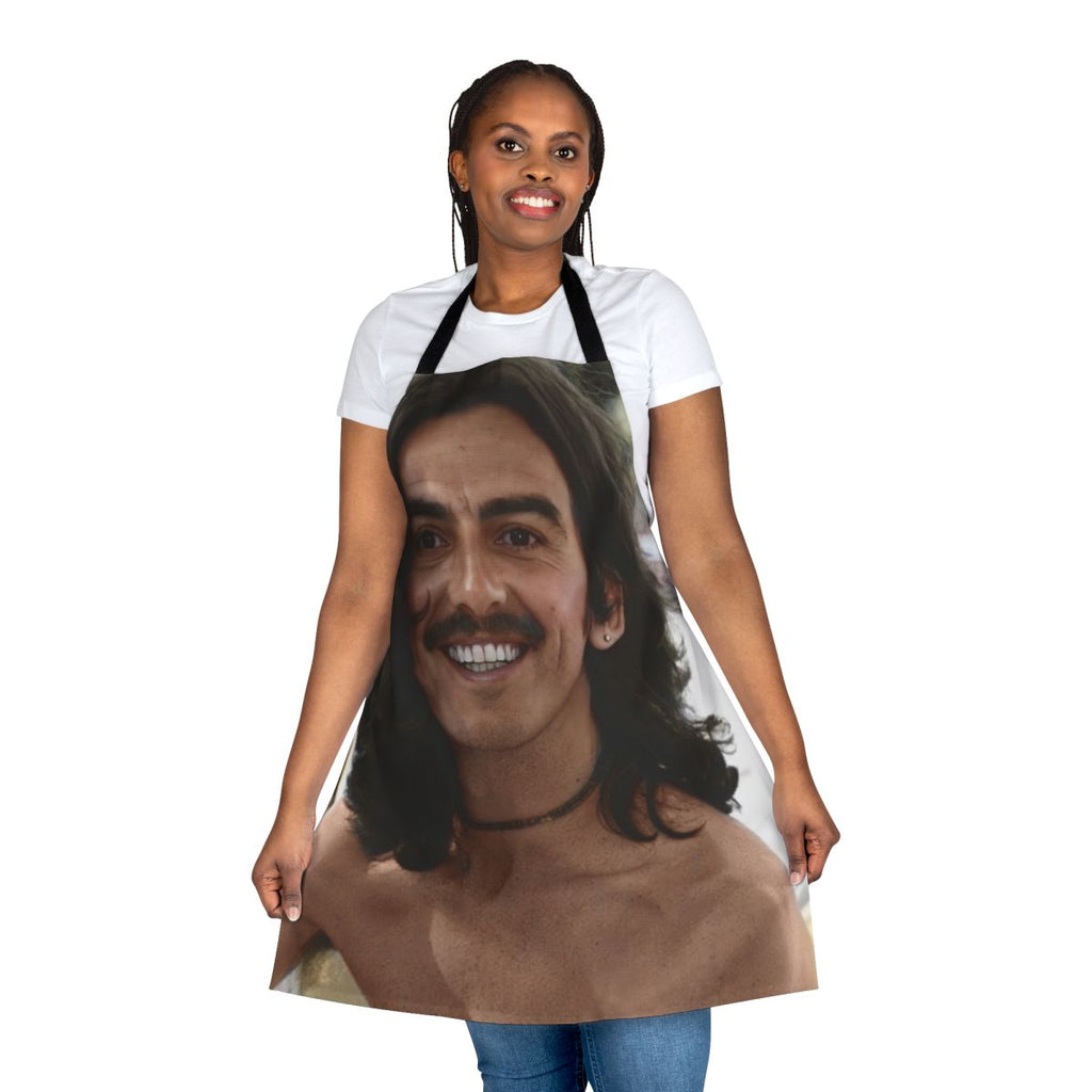 Retro apron with a colorized image of George Harrison, member of the iconic 1960s band The Beatles