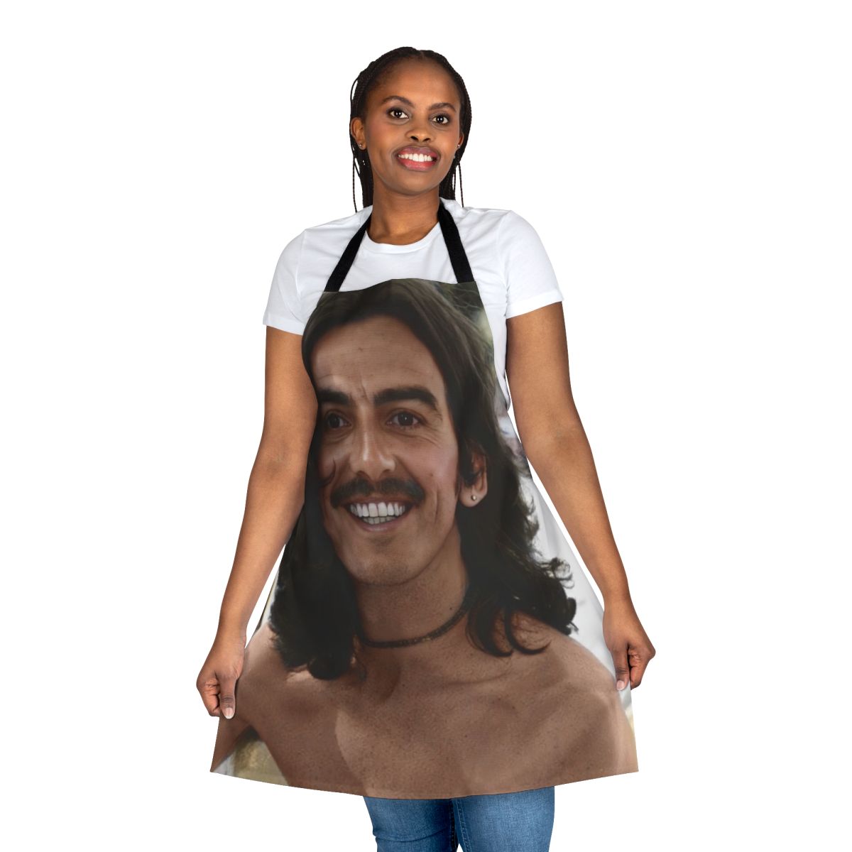 Retro apron with a colorized image of George Harrison, member of the iconic 1960s band The Beatles