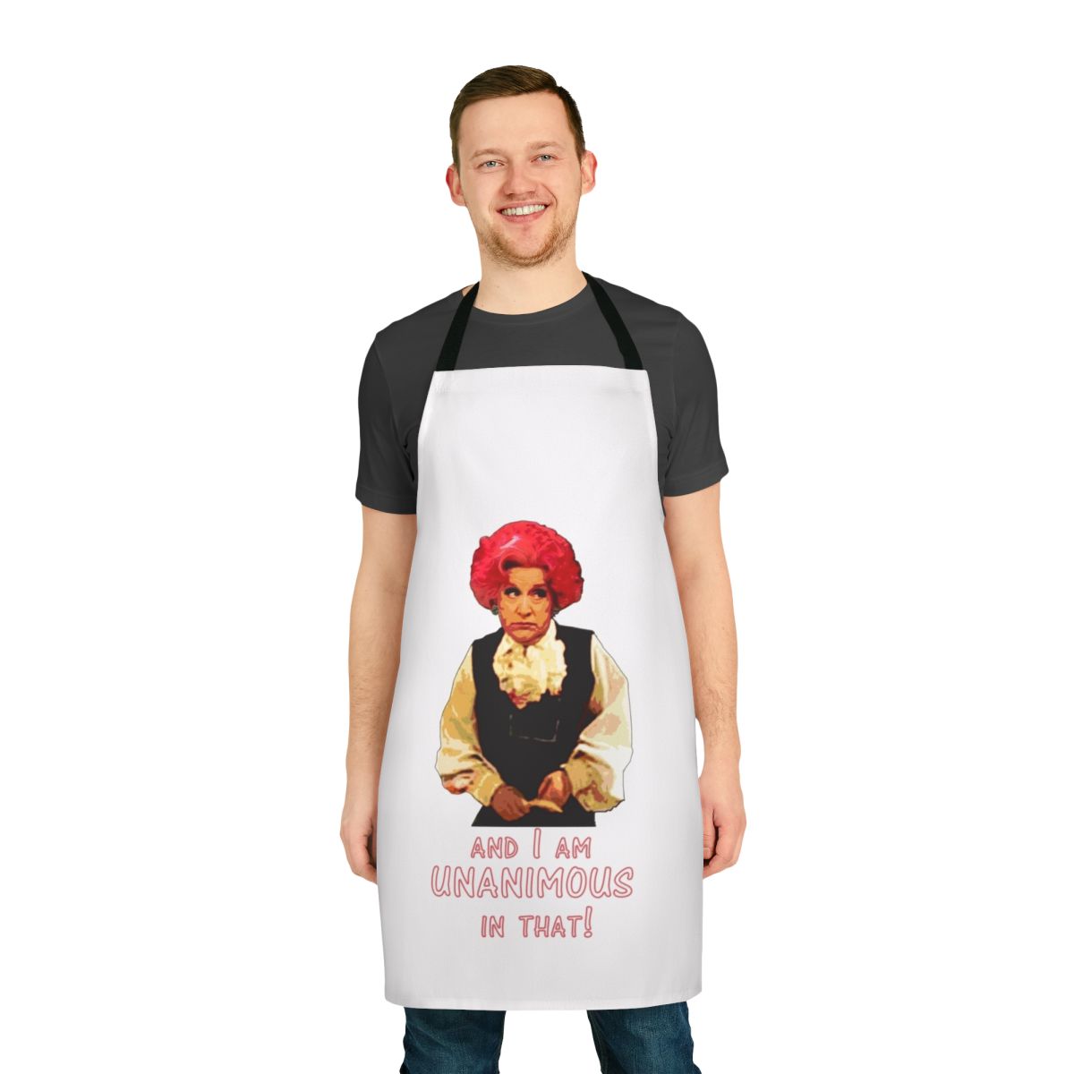 Vintage-inspired apron with a camp comedy theme