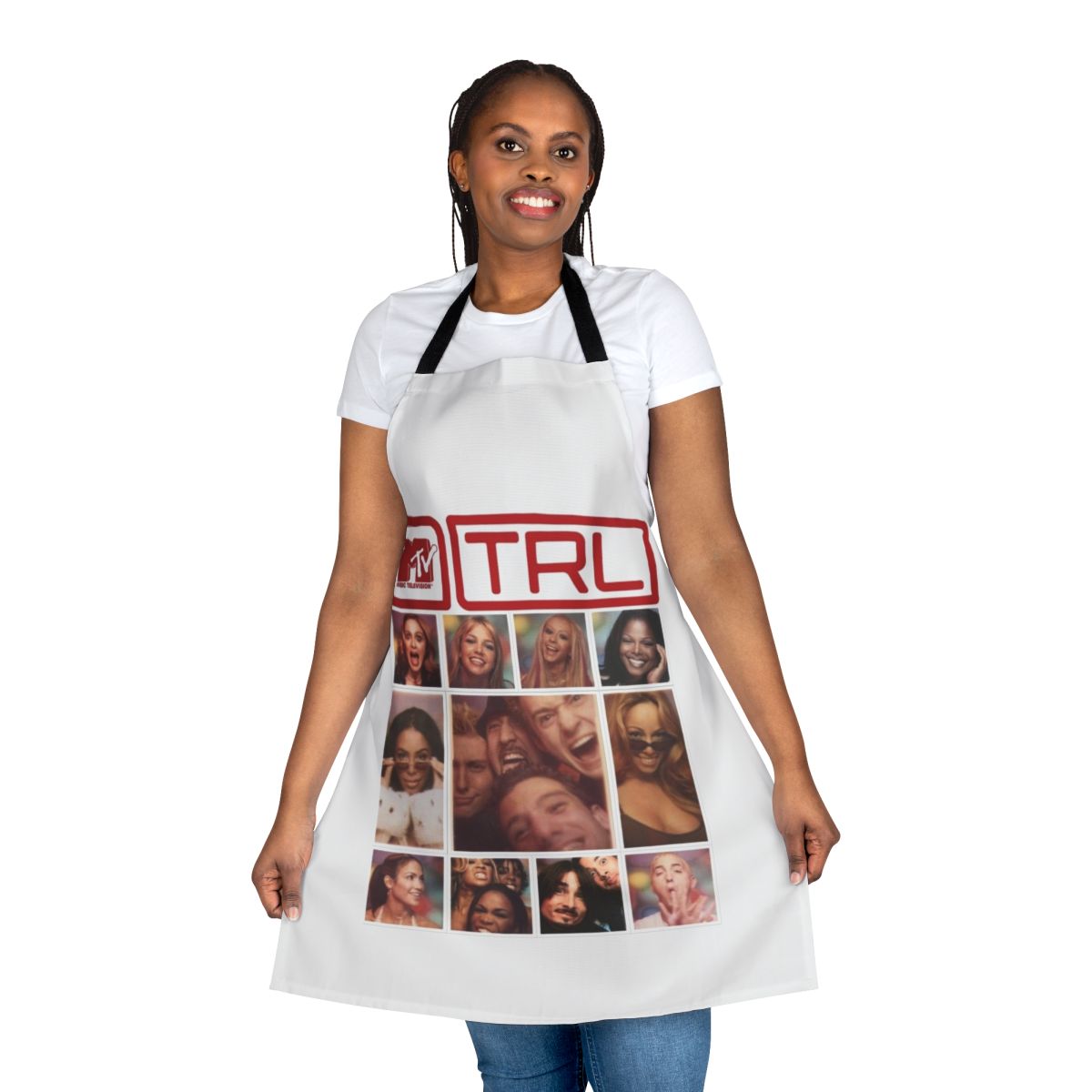 Retro-inspired apron with pop culture references from the 80s, 90s, and 2000s