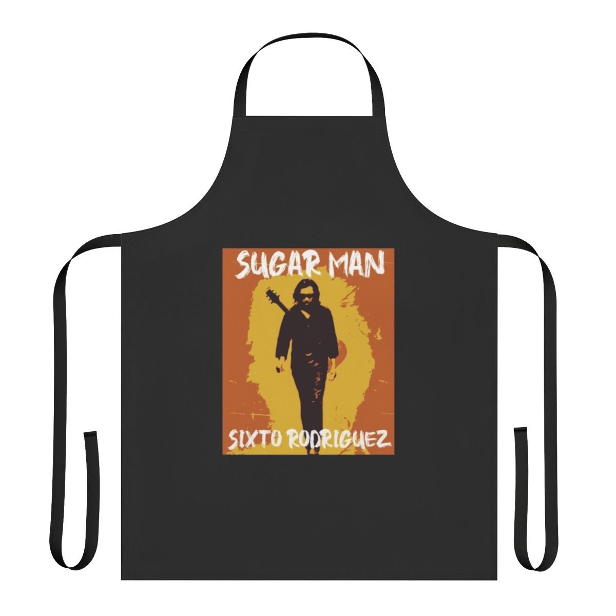 Retro apron featuring the name and imagery of Sixto Rodriguez, the influential singer-songwriter.