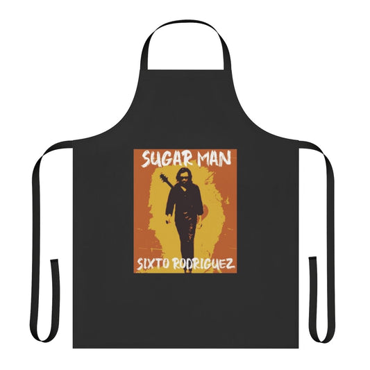 Retro apron featuring the name and imagery of Sixto Rodriguez, the influential singer-songwriter.