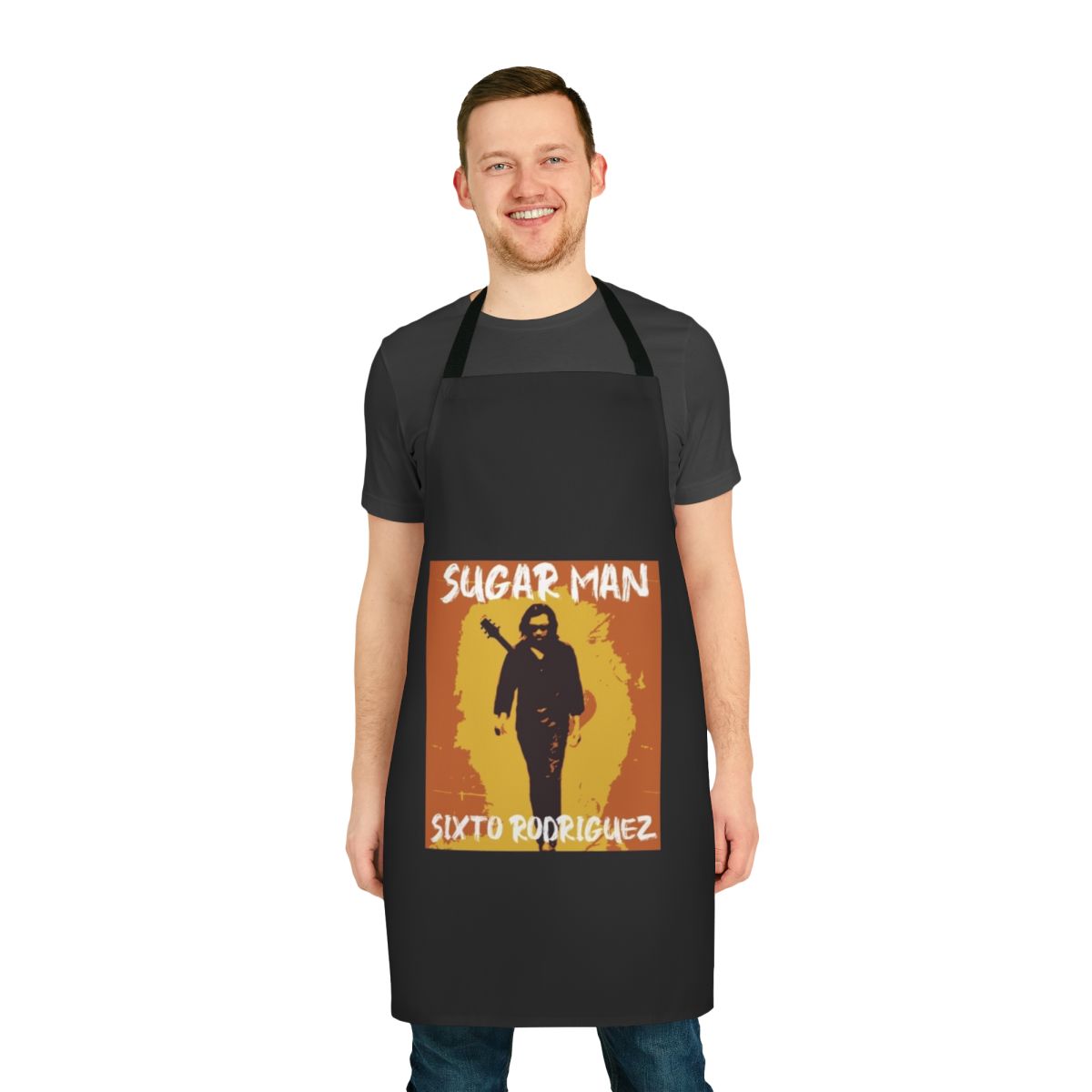 Retro apron featuring the name and imagery of Sixto Rodriguez, the influential singer-songwriter.