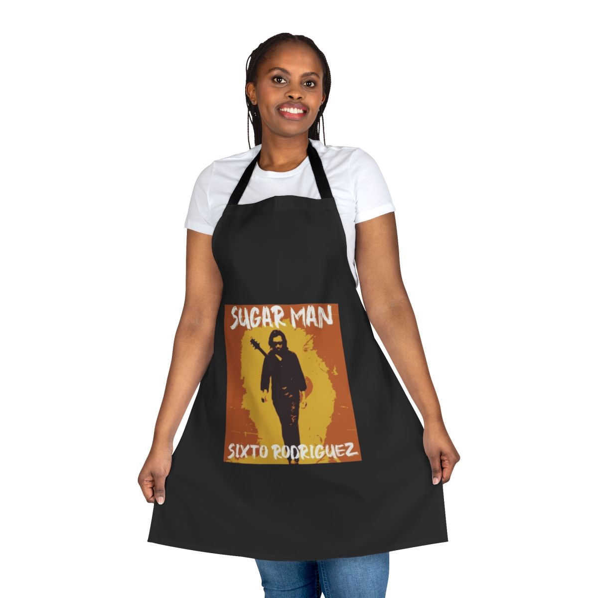 Retro apron featuring the name and imagery of Sixto Rodriguez, the influential singer-songwriter.