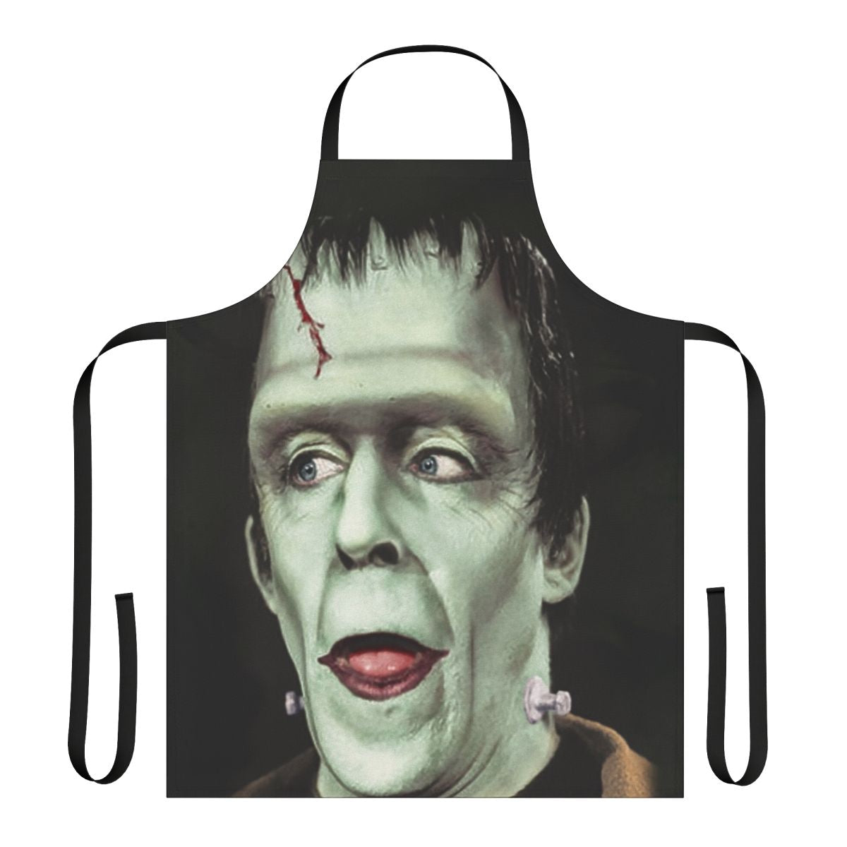 A colorful apron featuring a portrait of Herman Munster, the friendly Frankenstein-like character from the 1960s TV series The Munsters.