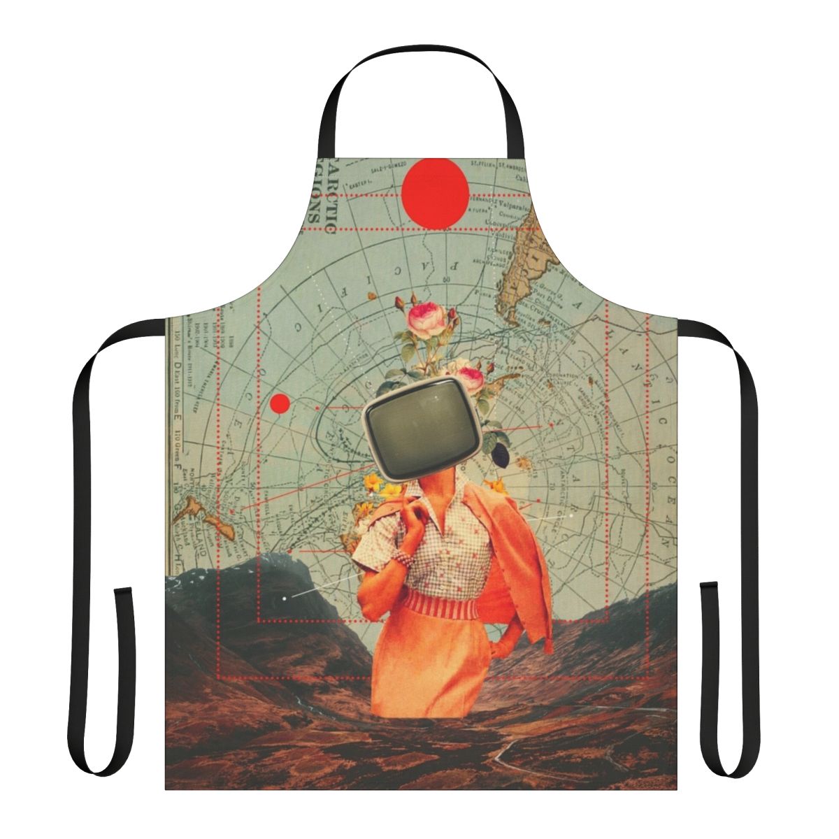 Retro apron featuring a vintage collage design with surreal fashion elements and vibrant colors.