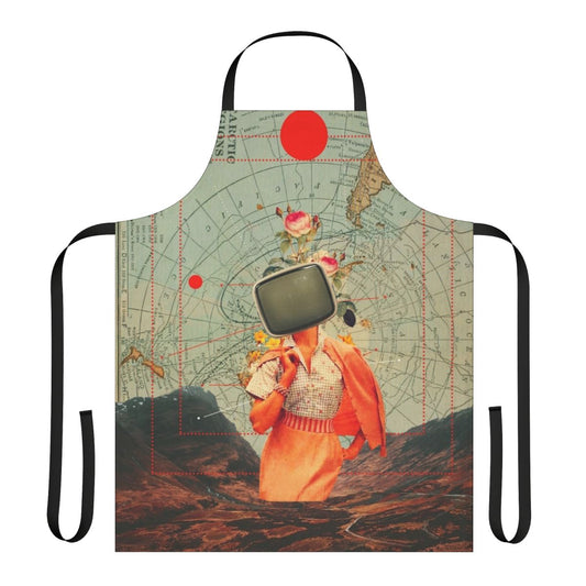 Retro apron featuring a vintage collage design with surreal fashion elements and vibrant colors.