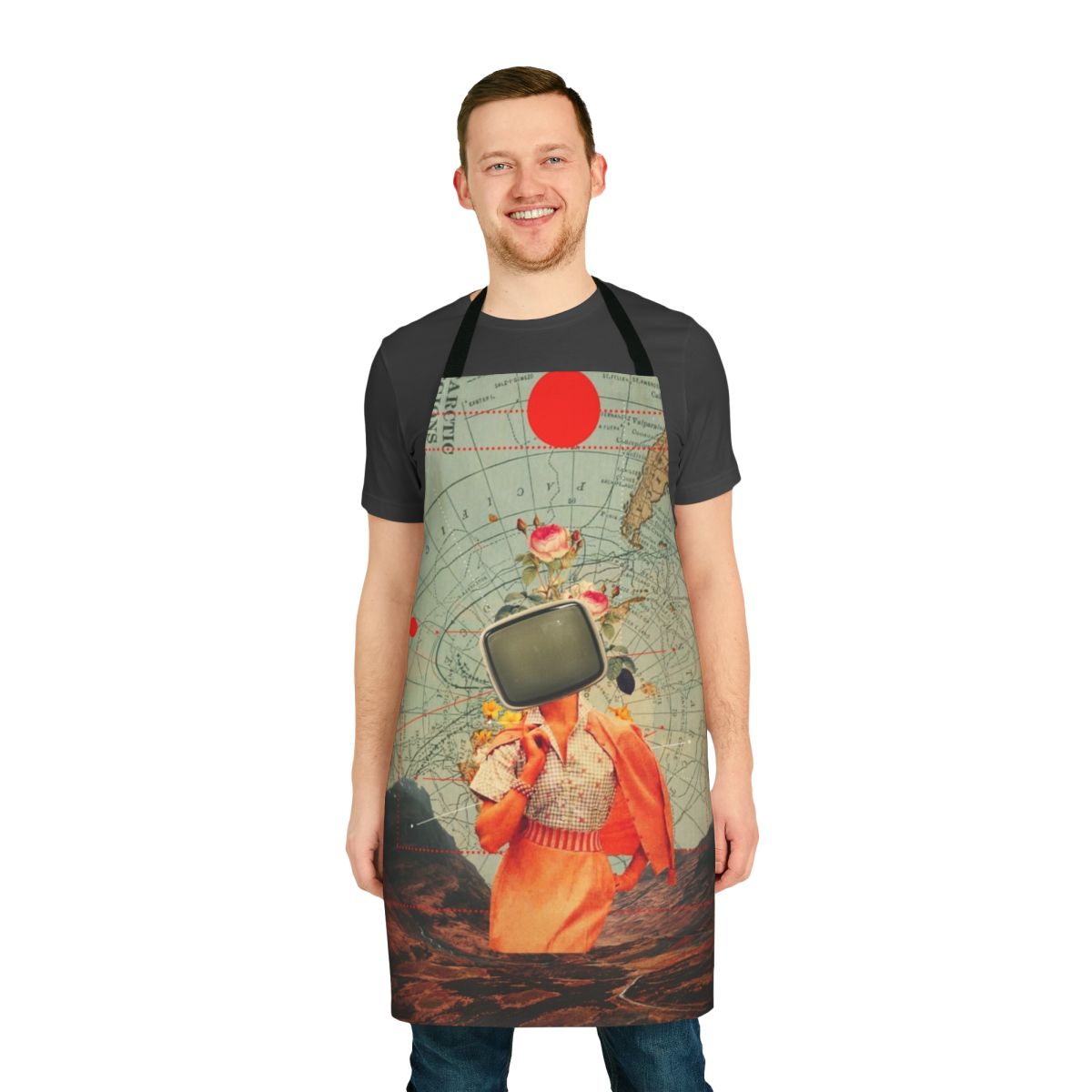 Retro apron featuring a vintage collage design with surreal fashion elements and vibrant colors.