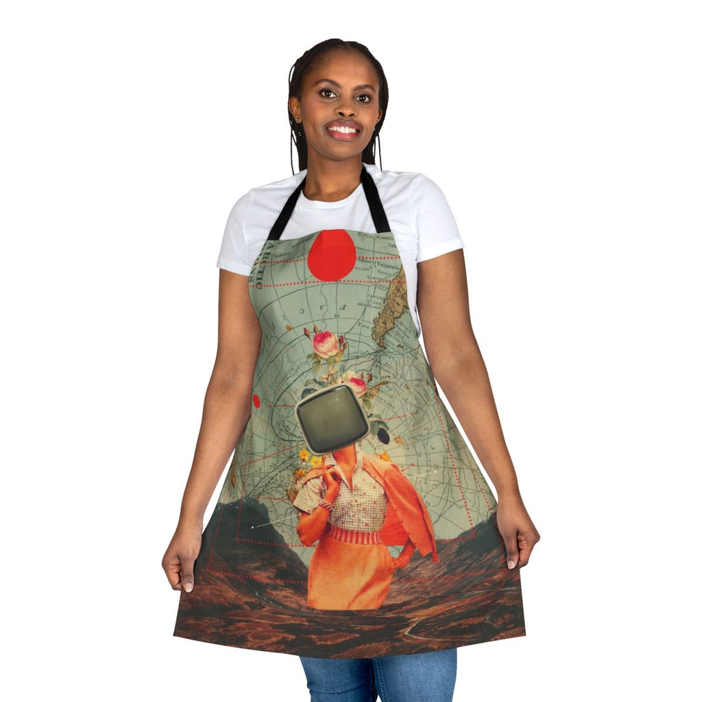 Retro apron featuring a vintage collage design with surreal fashion elements and vibrant colors.
