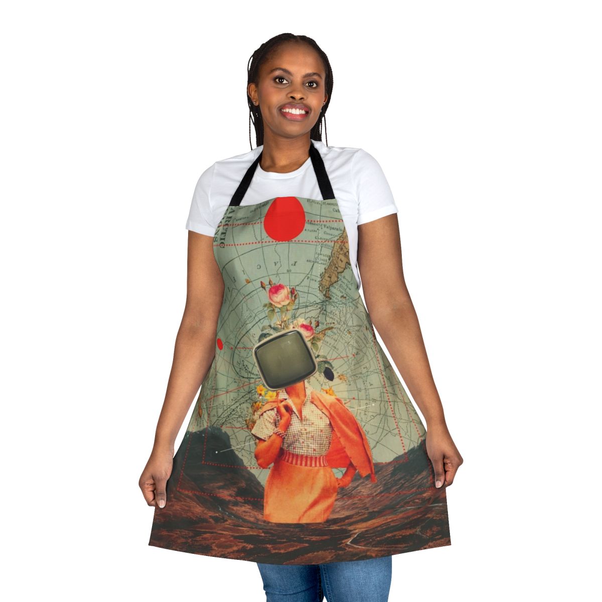 Retro apron featuring a vintage collage design with surreal fashion elements and vibrant colors.