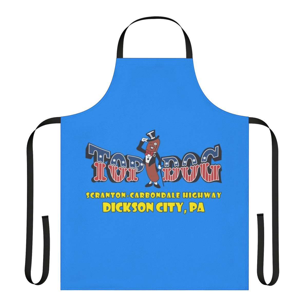An apron featuring the logo and branding of the Top Dog Arcade in Dickson City, PA, a classic retro gaming arcade.