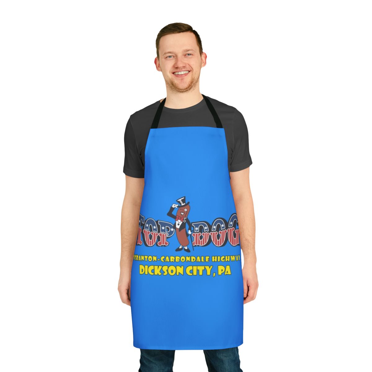An apron featuring the logo and branding of the Top Dog Arcade in Dickson City, PA, a classic retro gaming arcade.