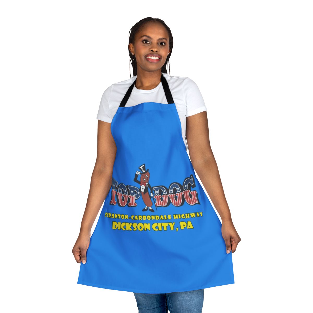 An apron featuring the logo and branding of the Top Dog Arcade in Dickson City, PA, a classic retro gaming arcade.