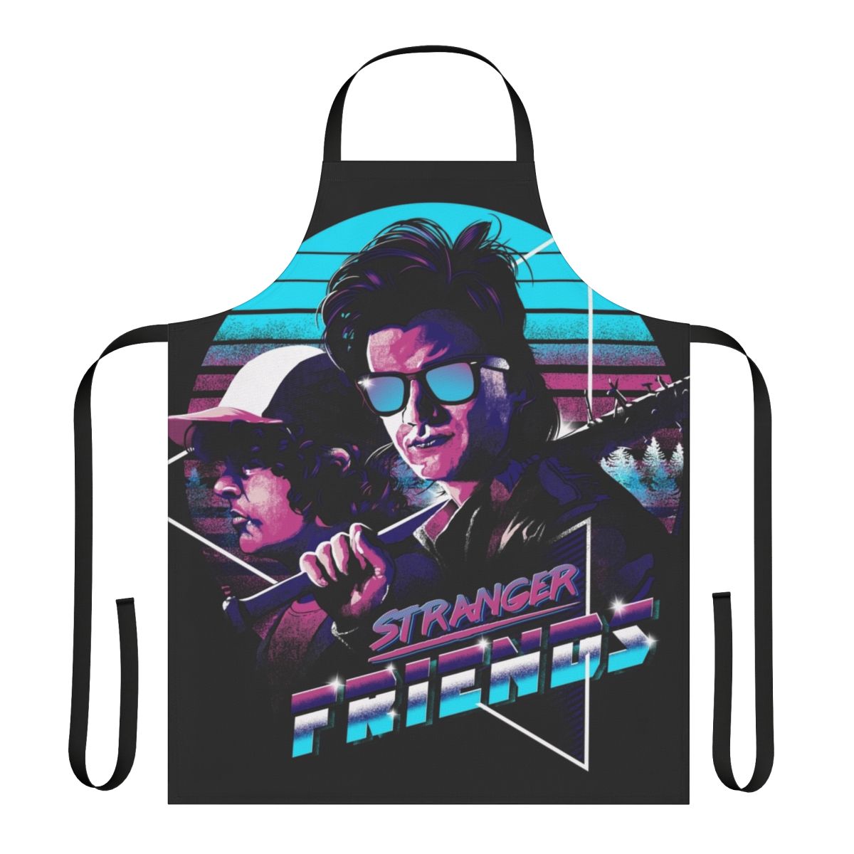 Apron featuring characters from the Stranger Things TV show in an 80s-inspired retro arcade style