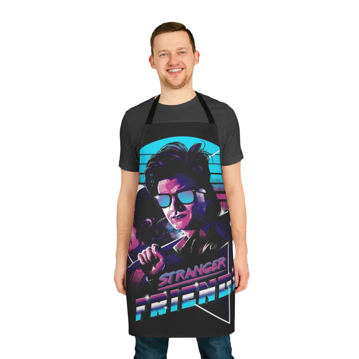 Apron featuring characters from the Stranger Things TV show in an 80s-inspired retro arcade style