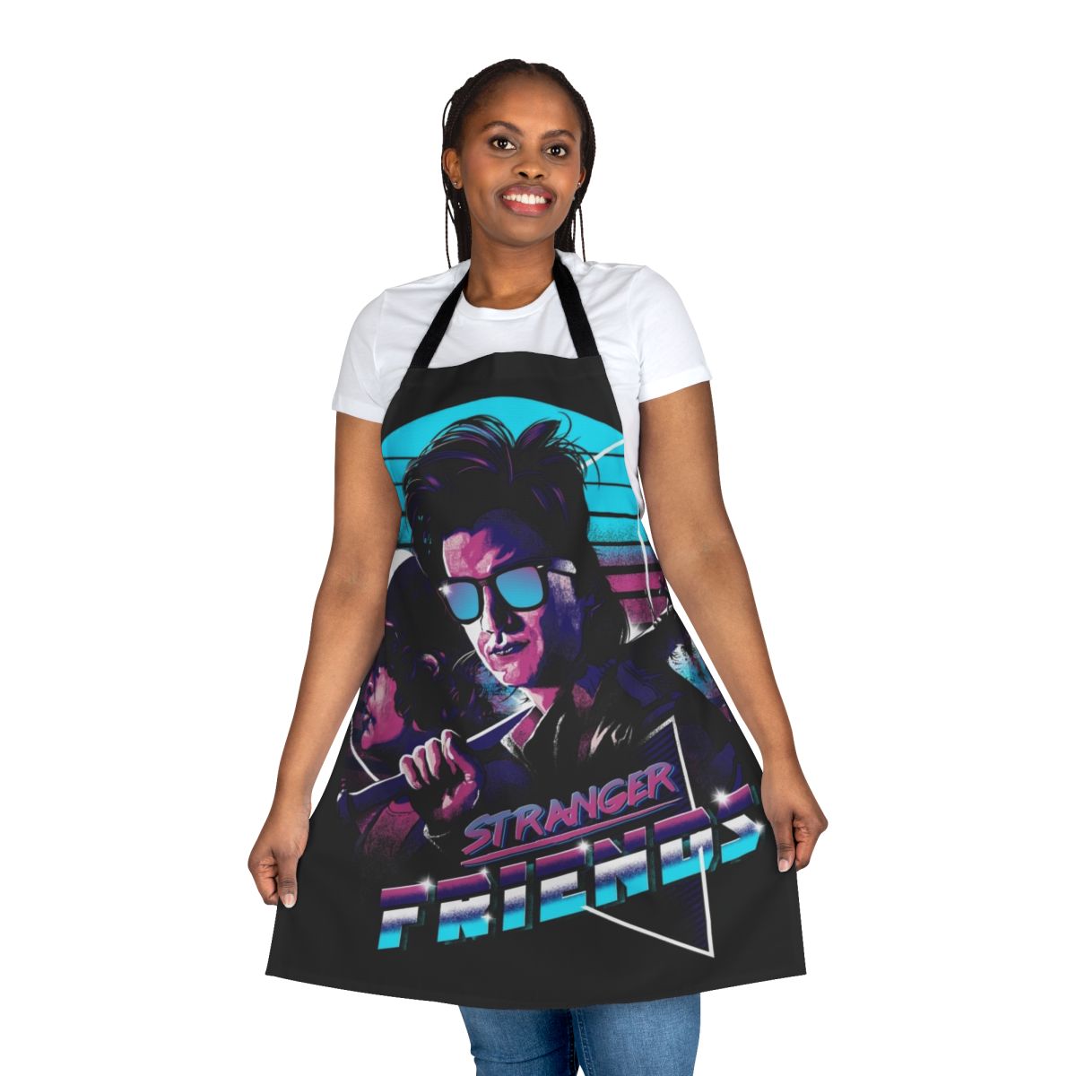 Apron featuring characters from the Stranger Things TV show in an 80s-inspired retro arcade style