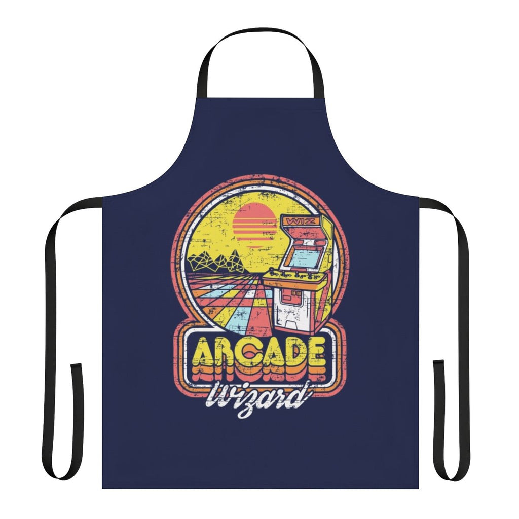 Retro-styled arcade themed kitchen apron with wizard design for gamers and geeks