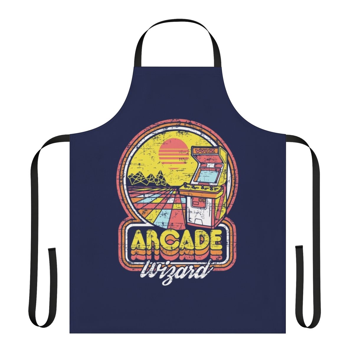 Retro-styled arcade themed kitchen apron with wizard design for gamers and geeks