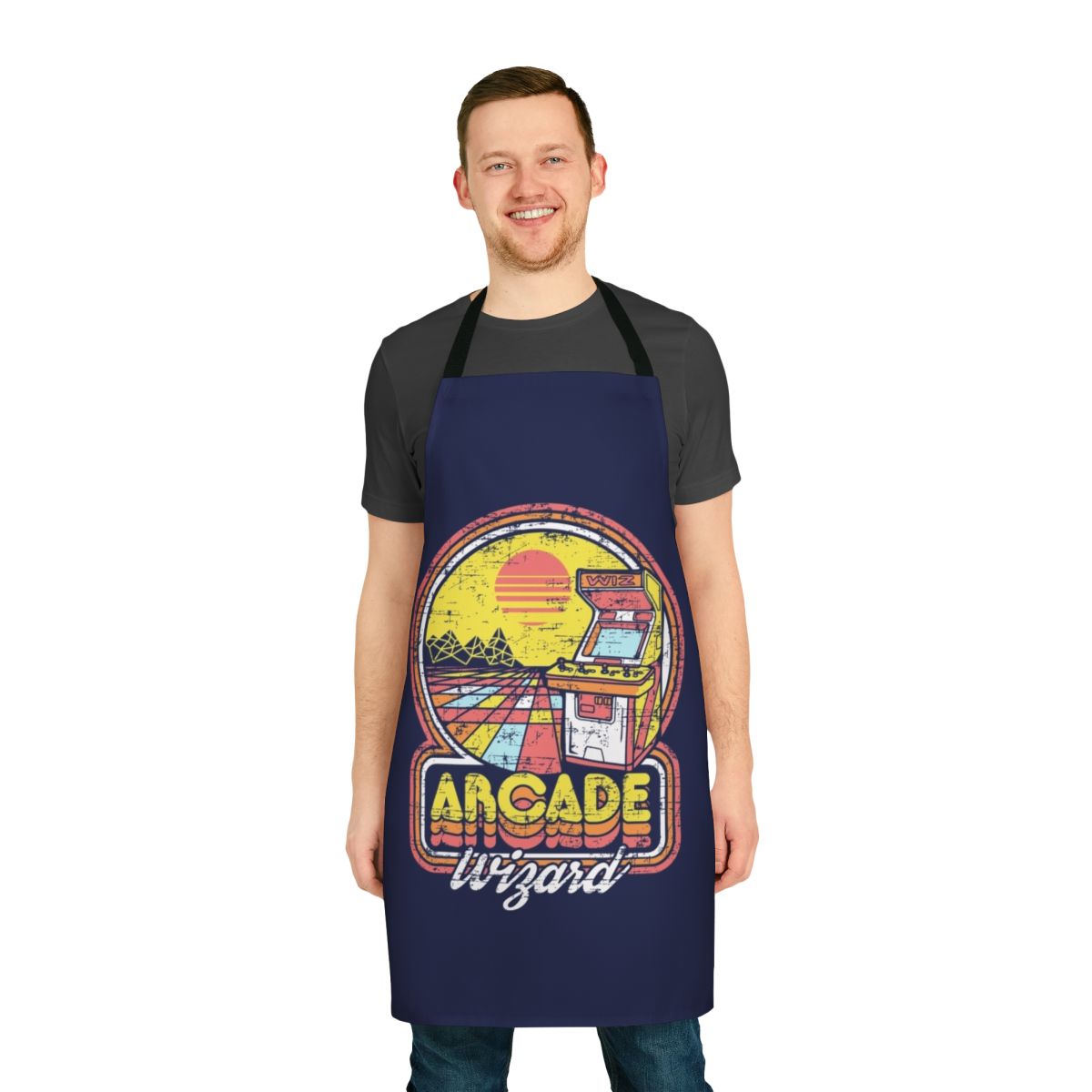 Retro-styled arcade themed kitchen apron with wizard design for gamers and geeks