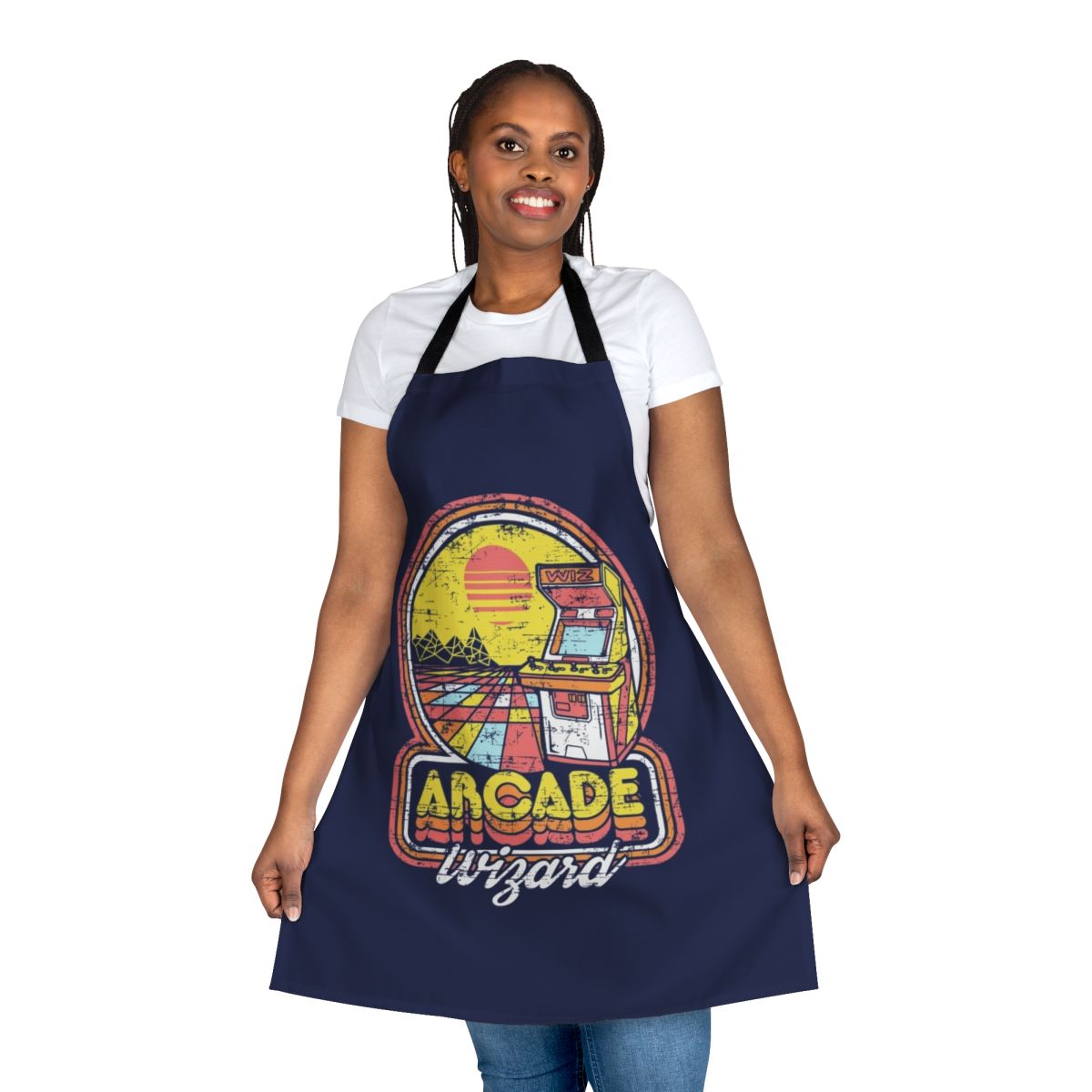 Retro-styled arcade themed kitchen apron with wizard design for gamers and geeks