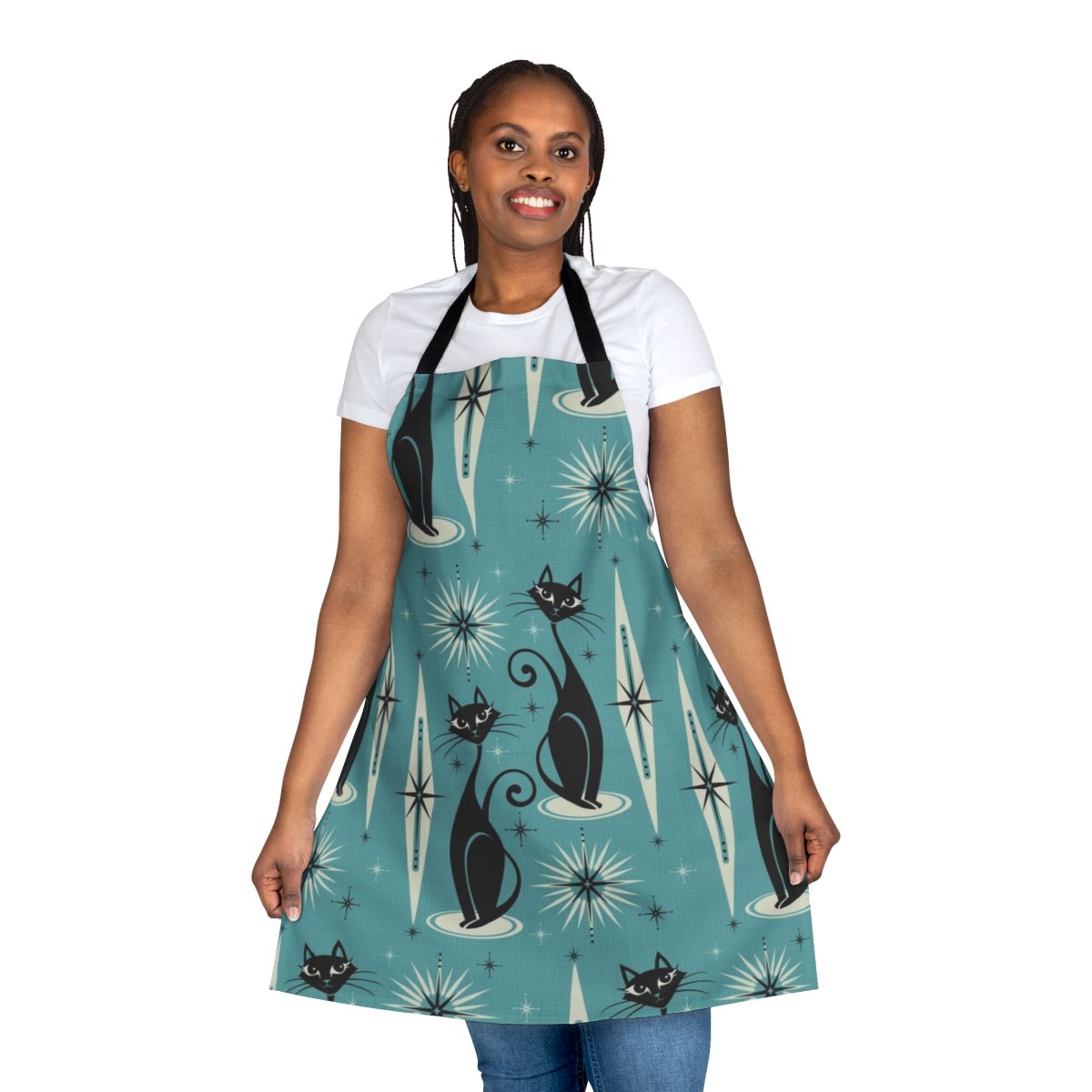 Retro apron featuring atomic cats and mid century modern design
