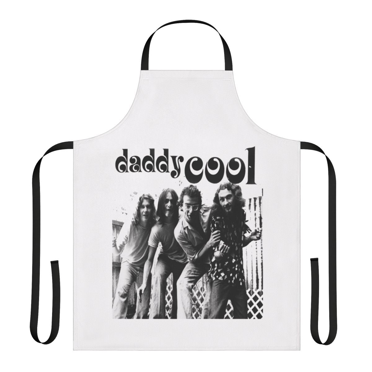 Retro-style music-themed kitchen apron featuring a guitar countdown and Australian rock bands